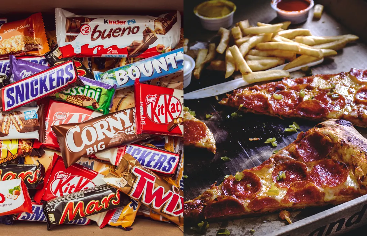 Ilustračný obrázok - nezdravé jedlo: sladkosti rôznych druhov a pizza s hranolkami